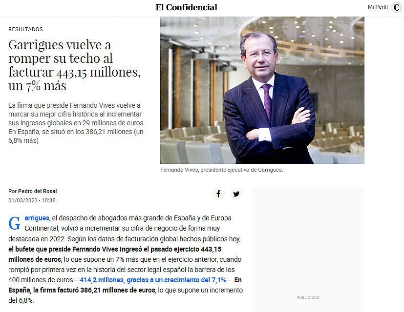 Garrigues vuelve a romper su techo al facturar 443,15 millones, un 7% ms